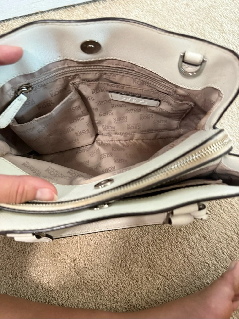 Michael Kors Cream/White Saffiano Leather Satchel with Logo Charm